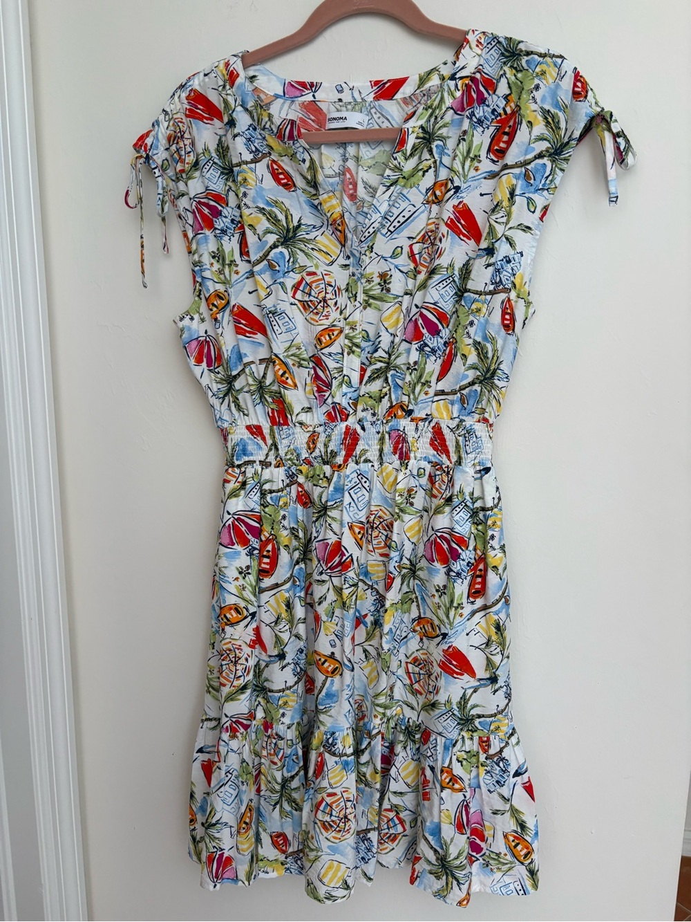 187. Sonoma White Tropical Print Mini Dress with Red, Yellow & Blue Accents